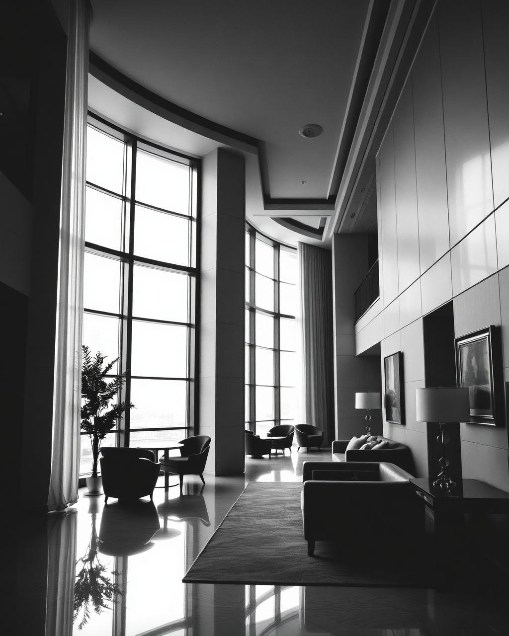 Lobby d’hôtel de luxe en noir et blanc