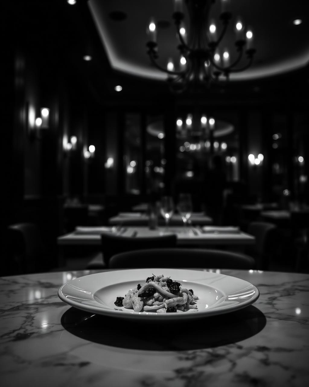 Restaurant gastronomique, assiette dressée, noir et blanc